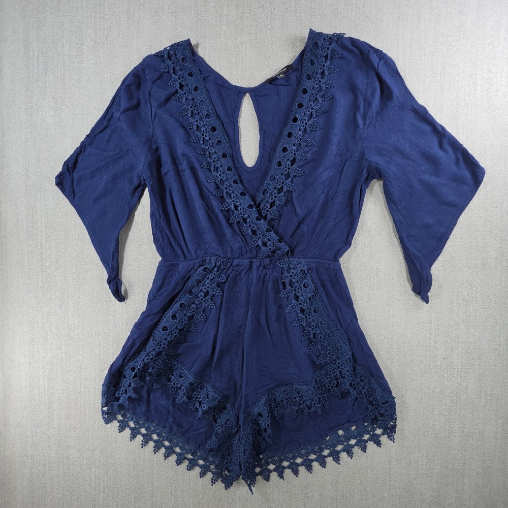 Ambiance Romper Womens Medium Blue Crochet Lace Trim Boho V-Neck 69194